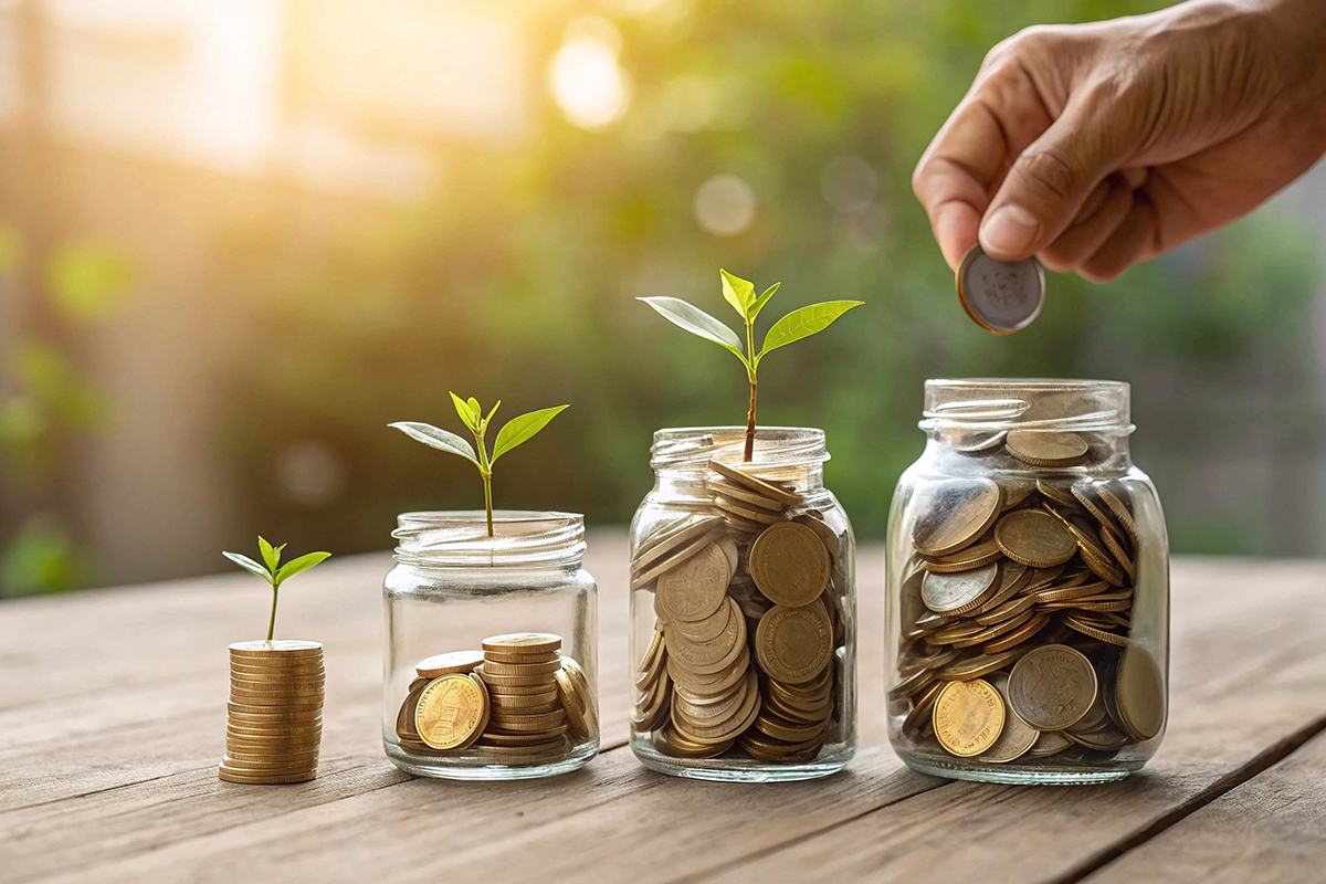 Saving money and financial growth investment concept. Hand placi